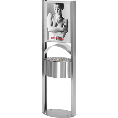 Ashtray with protective hood and advertising space, capacity 15 l, stainless steel.
