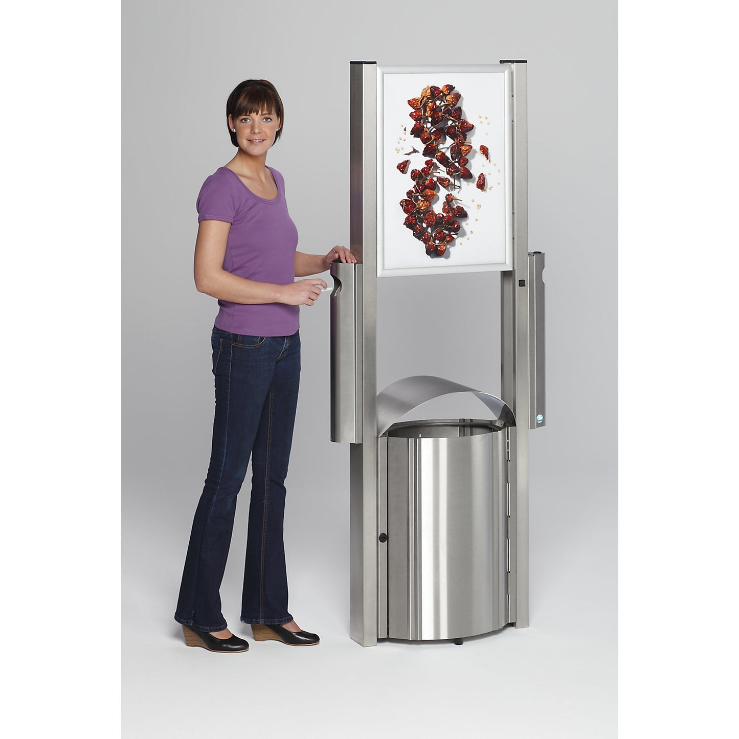 Waste collector with ashtray and advertising space, capacity 50 l, HxWxD 1800 x 710 x 350 mm, stainless steel.