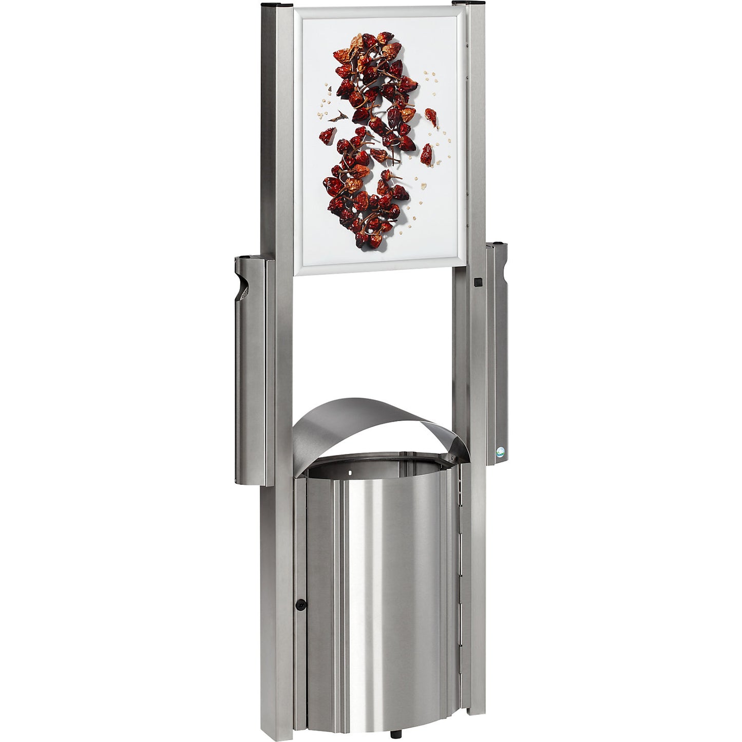 Waste collector with ashtray and advertising space, capacity 50 l, HxWxD 1800 x 710 x 350 mm, stainless steel.