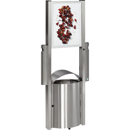 Waste collector with ashtray and advertising space, capacity 50 l, HxWxD 1800 x 710 x 350 mm, stainless steel.