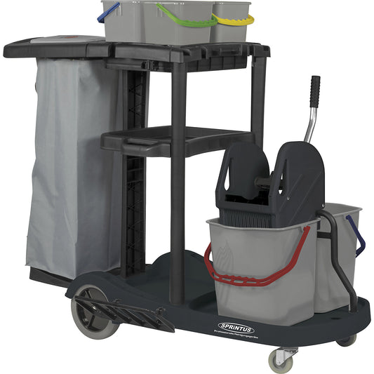 PuriX service trolley, with a 4 bucket system, mop wringer, waste separation, rubber lined wheels.