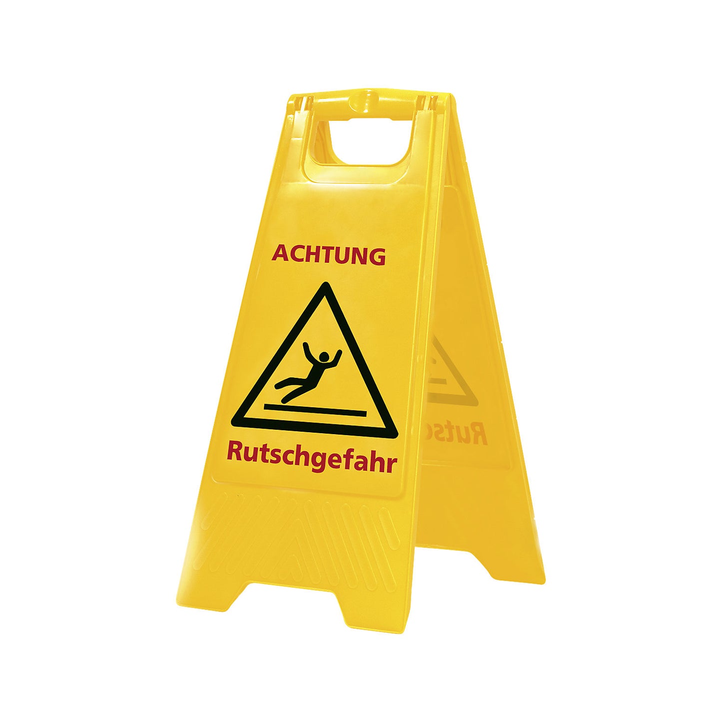 Stand up warning sign Rutschgefahr (danger of slipping), height 620 mm, pack of 10, yellow.