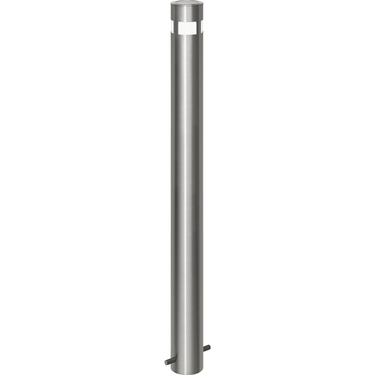 Stainless steel barrier post, Ø 102 mm, with solar lamp head, for concreting in, fixed.