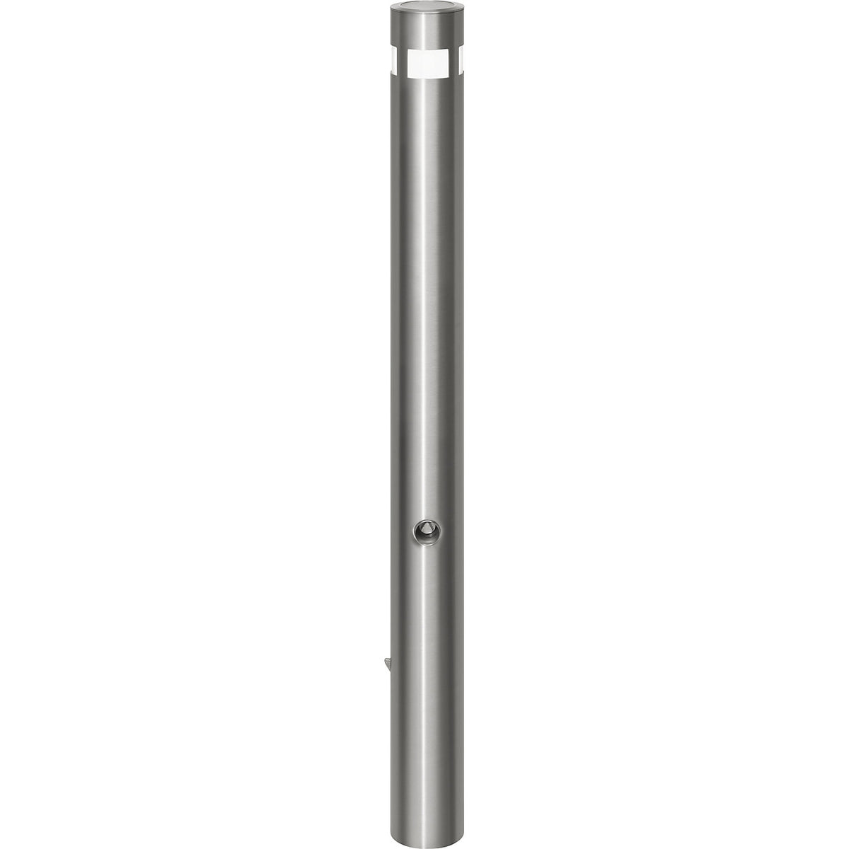 Stainless steel barrier post, Ø 102 mm, with solar lamp head, for concreting in, ground sleeve, triangular lock.
