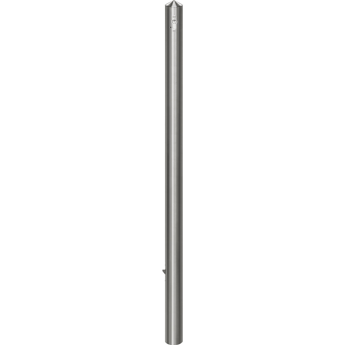 Stainless steel barrier post, with pointed head, for concreting in with ground sleeve, Ø 60 mm, triangular lock.
