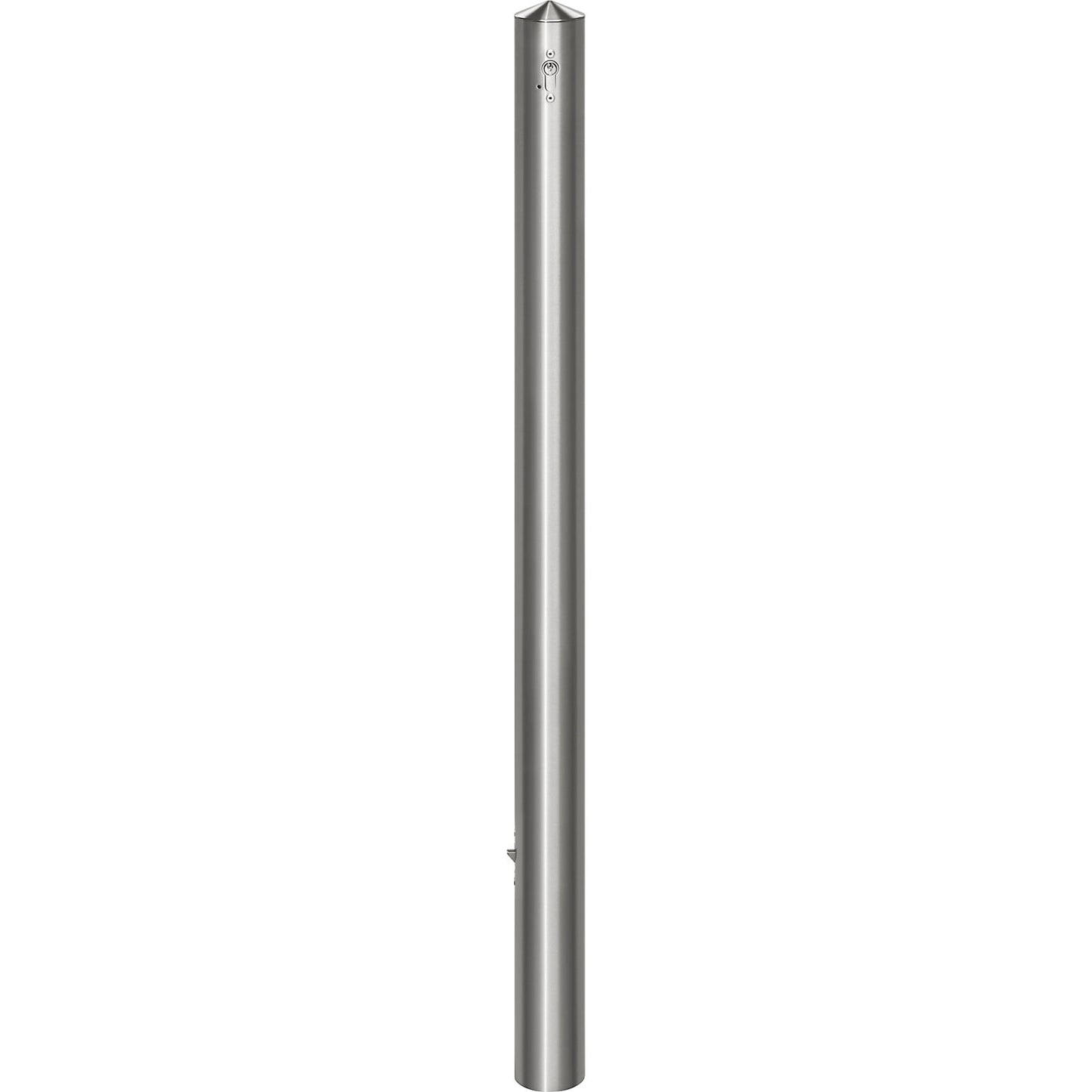 Stainless steel barrier post, with pointed head, for concreting in with ground sleeve, Ø 76 mm, profile cylinder.