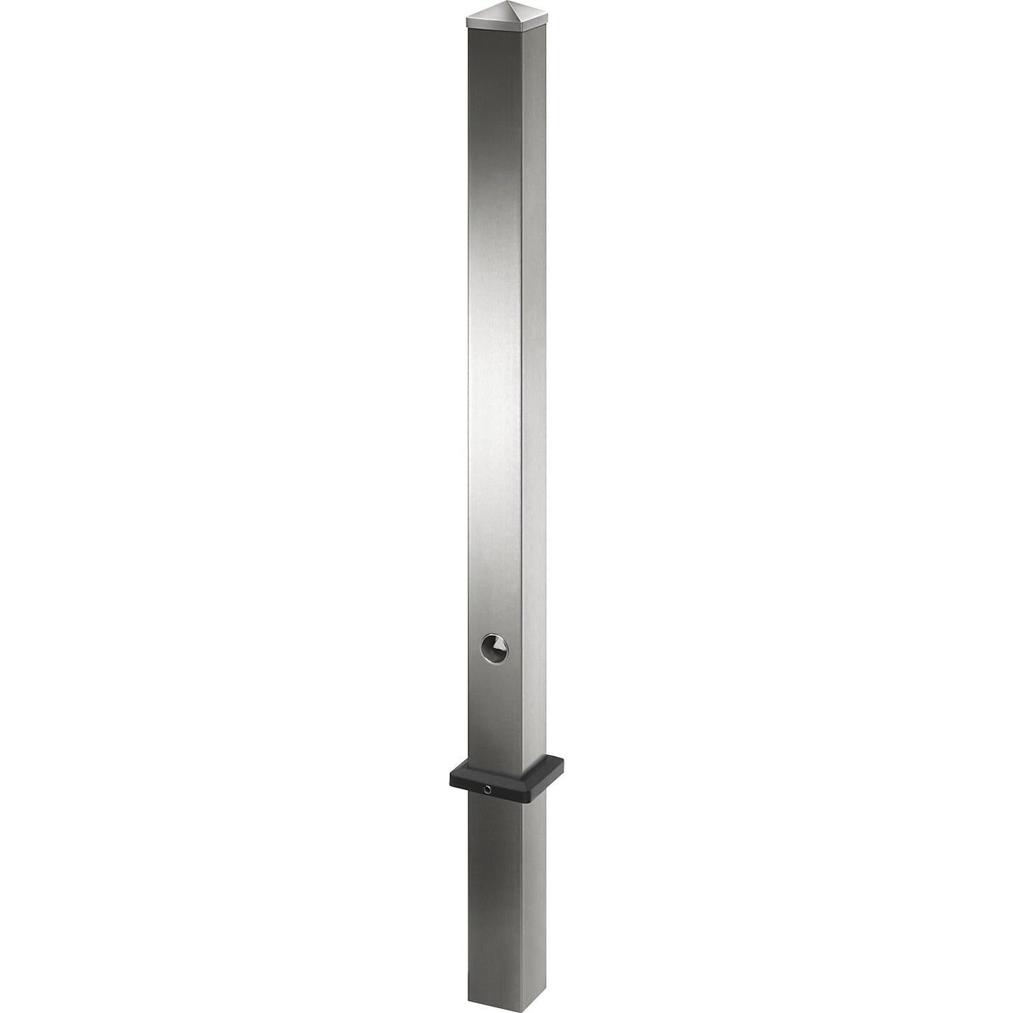 Stainless steel barrier post, with pointed head, for concreting in with ground sleeve, 70 x 70 mm, triangular lock.
