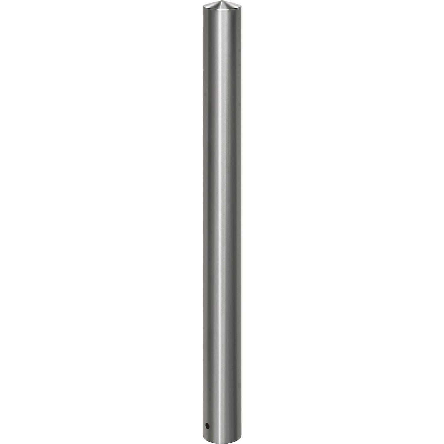 Stainless steel barrier post, with pointed head, for concreting in with ground sleeve, Ø 102 mm.
