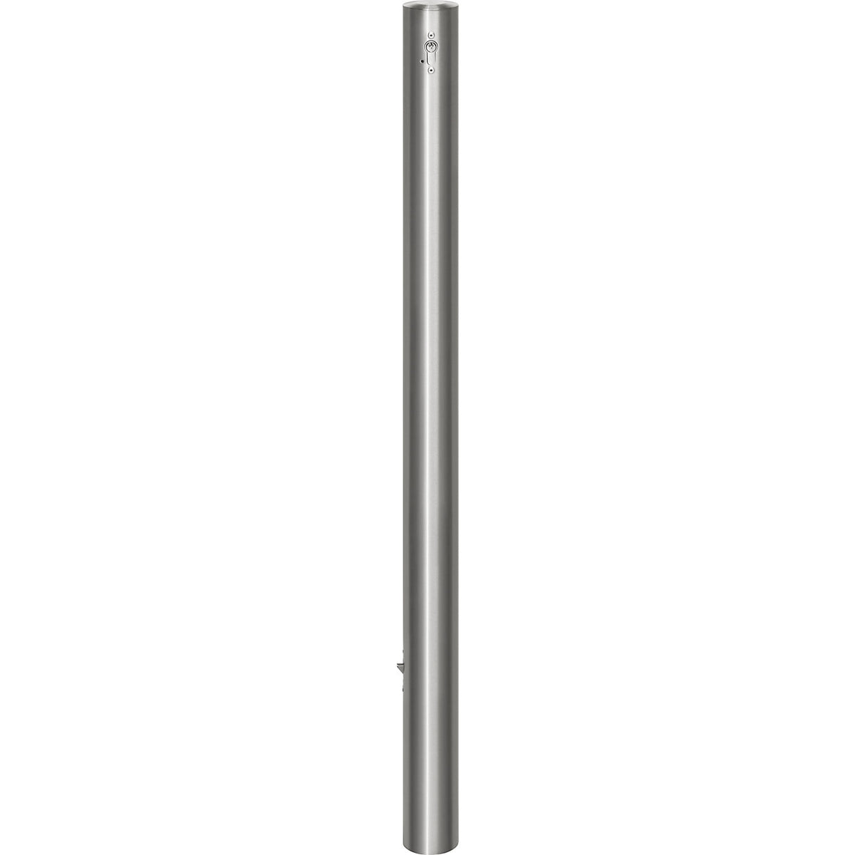 Stainless steel barrier post, with flat head, ground sleeve for concreting in, Ø 76 mm, profile cylinder.