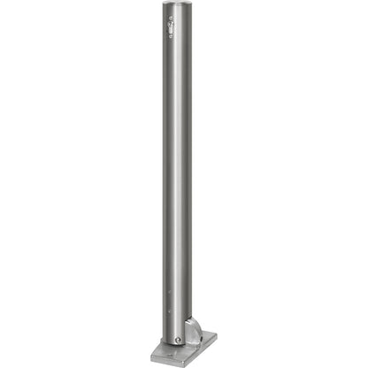 Stainless steel barrier post, with flat head, base plate for bolting in place, Ø 76 mm, folding, profile cylinder.