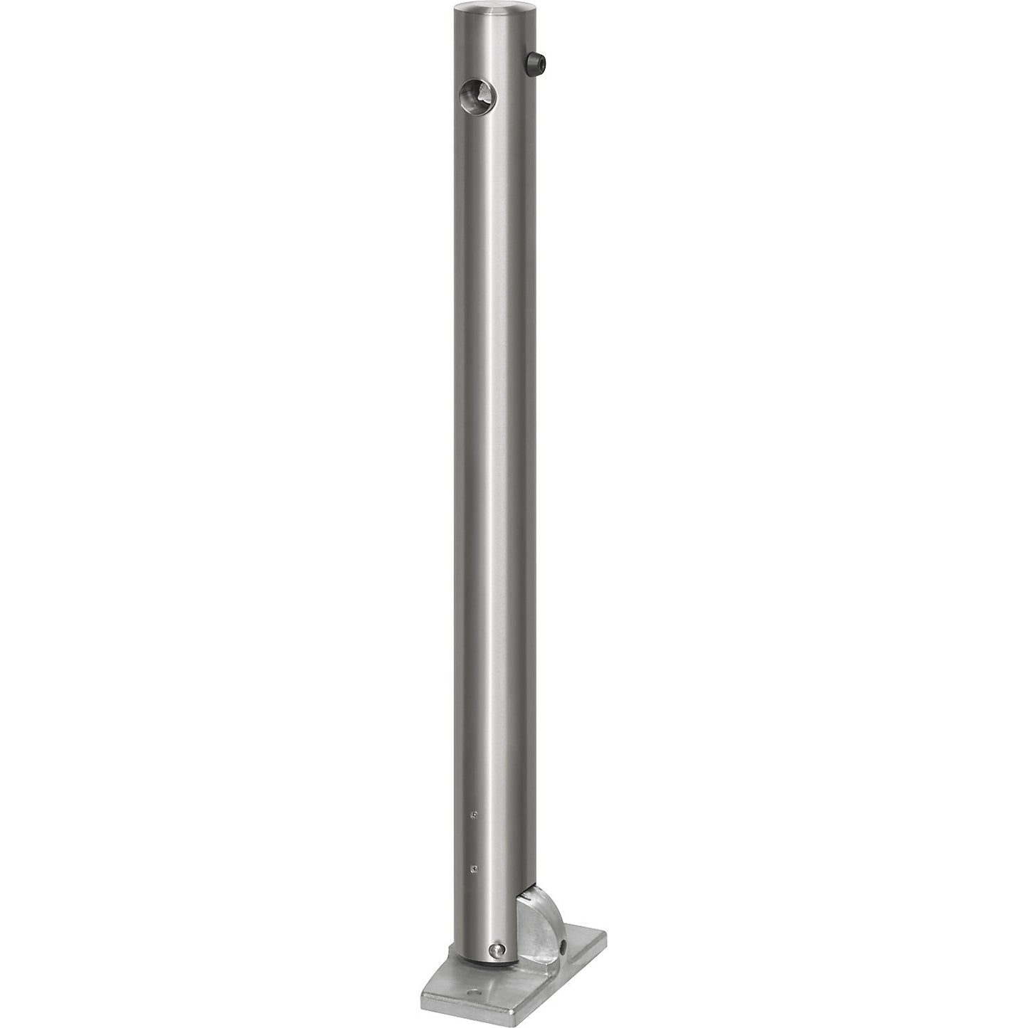 Stainless steel barrier post, with flat head, base plate for bolting in place, Ø 76 mm, folding, triangular lock.