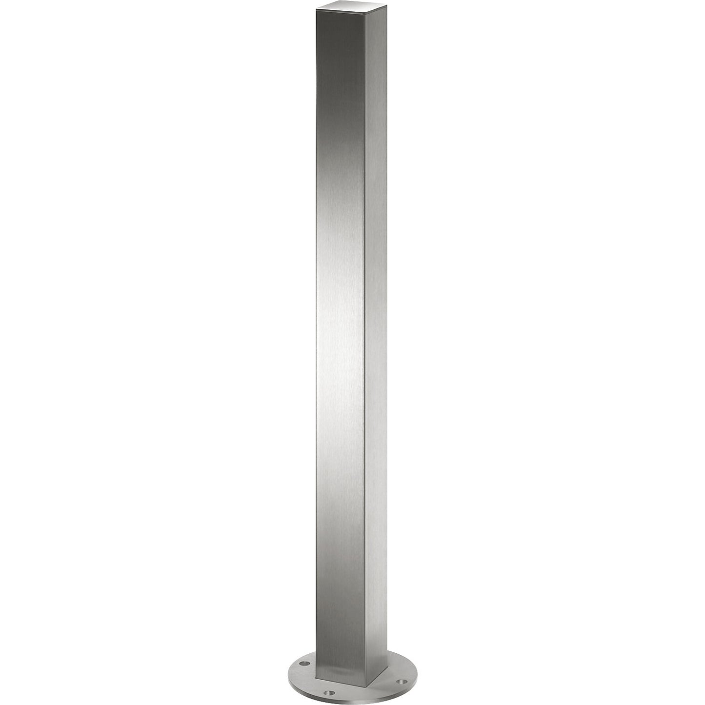 Stainless steel barrier post, with flat head, base plate for bolting in place, 70 x 70 mm.