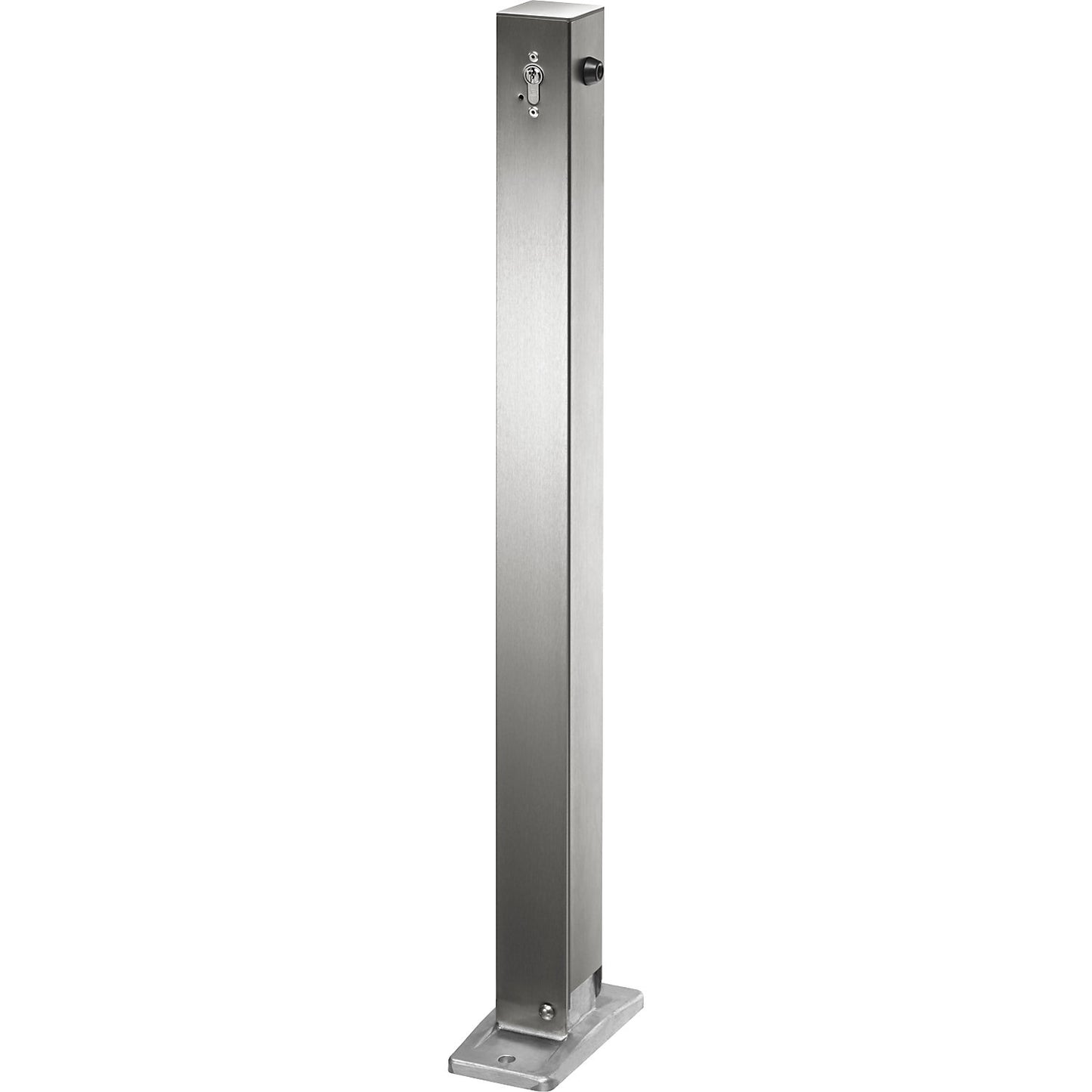 Stainless steel barrier post, with flat head, base plate for bolting in place, 70 x 70 mm, folding, profile cylinder.