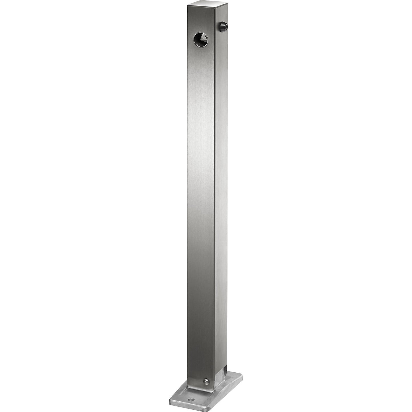 Stainless steel barrier post, with flat head, base plate for bolting in place, 70 x 70 mm, folding, triangular lock.
