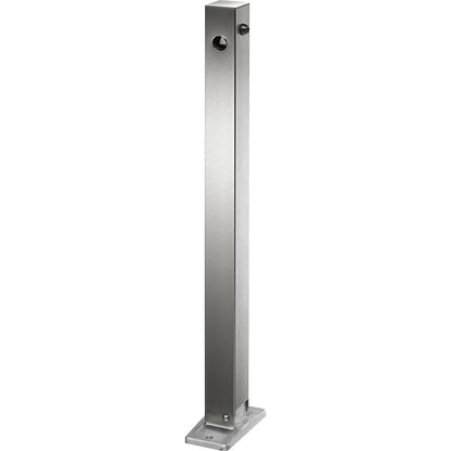 Stainless steel barrier post, with flat head, base plate for bolting in place, 70 x 70 mm, folding, triangular lock.
