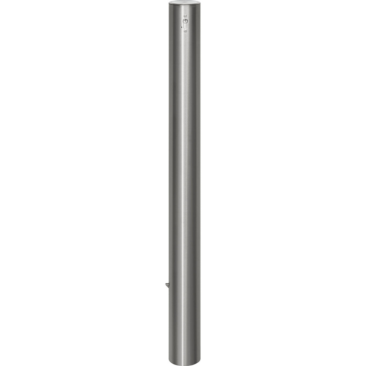 Stainless steel barrier post, with flat head, ground sleeve for concreting in, Ø 102 mm, profile cylinder.