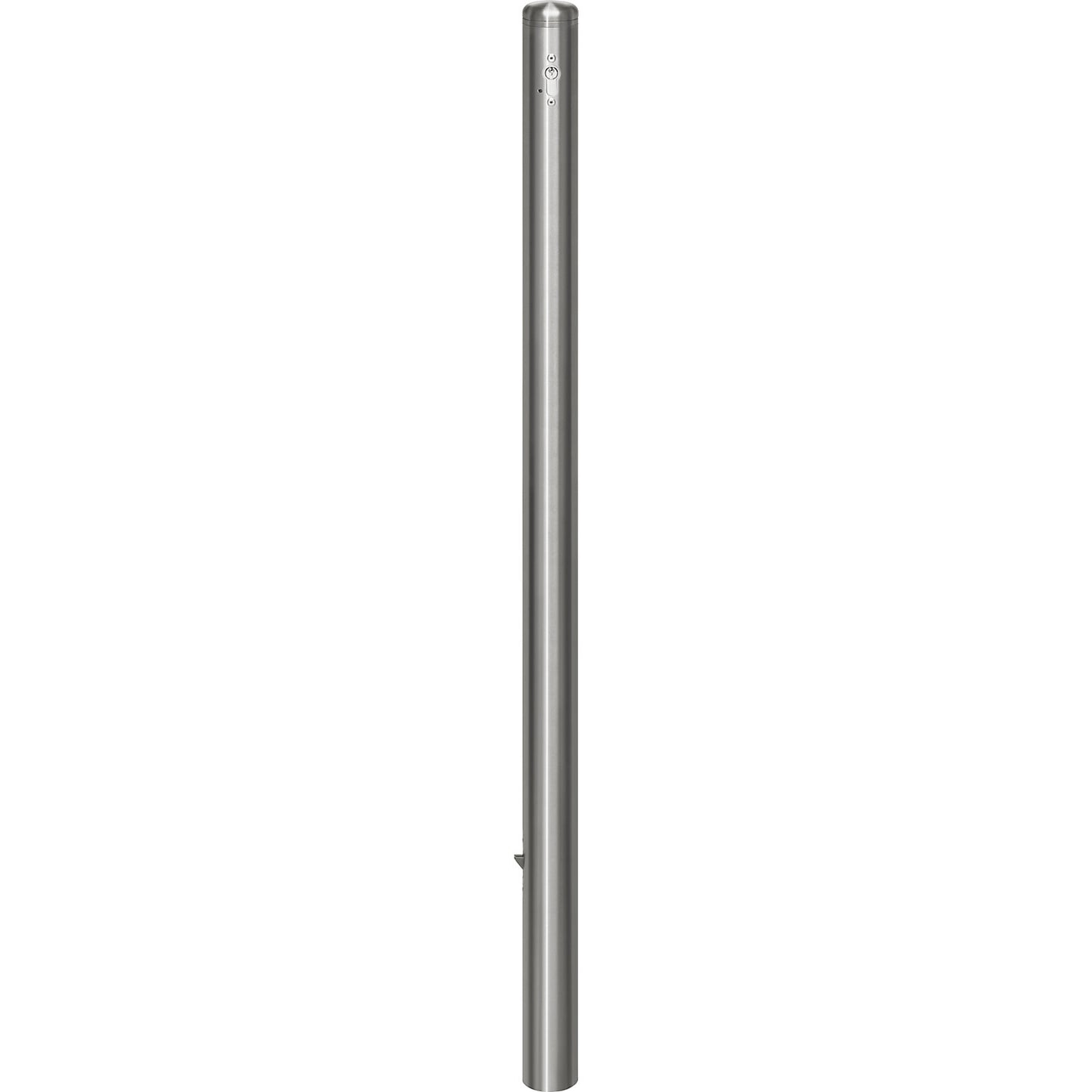 Stainless steel barrier post, with end cap, ground sleeve for concreting in, Ø 60 mm, profile cylinder.