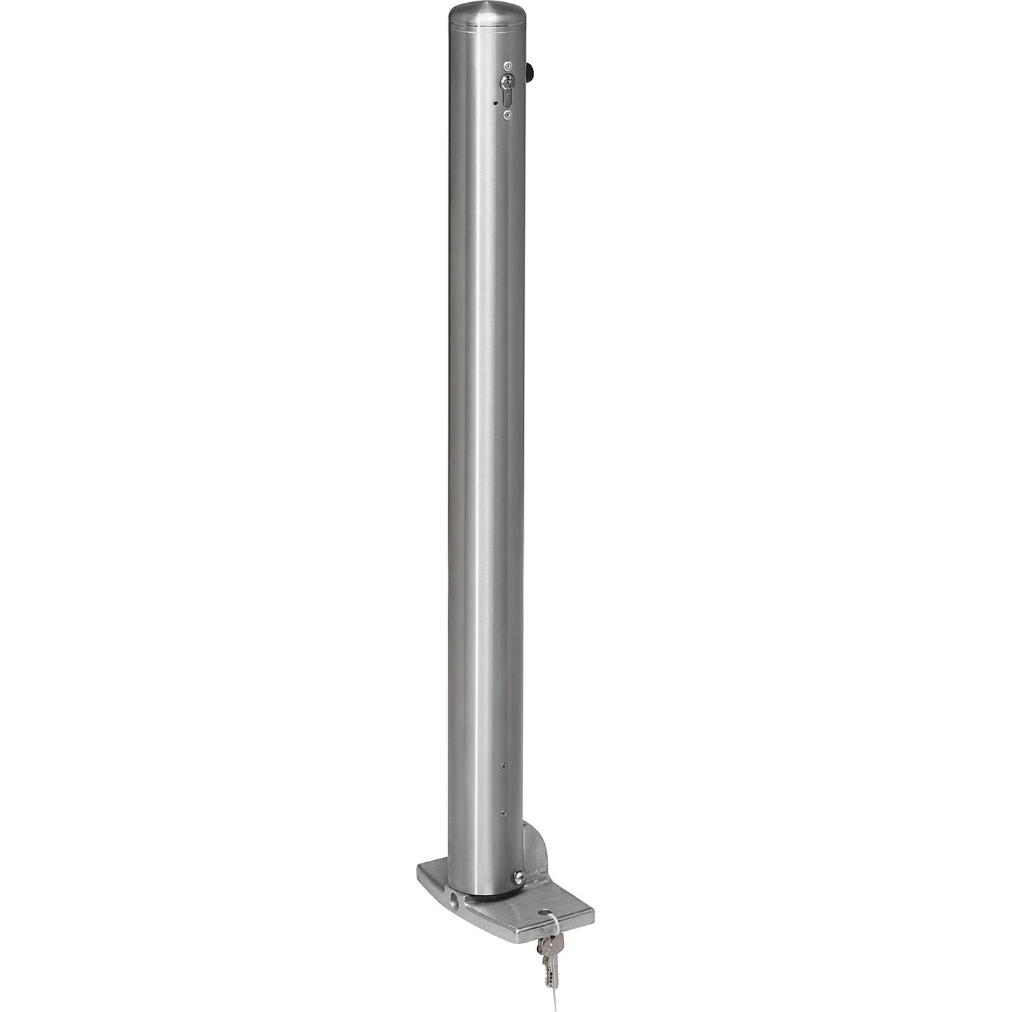 Stainless steel barrier post, with end cap, base plate to bolt in place, Ø 76 mm, profile cylinder.
