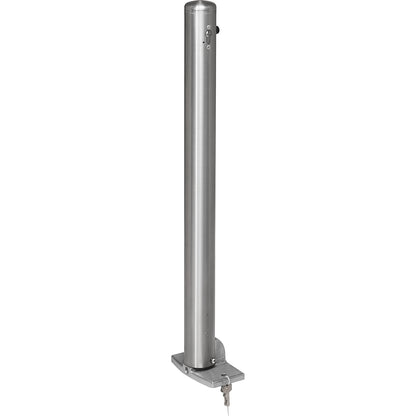 Stainless steel barrier post, with end cap, base plate to bolt in place, Ø 76 mm, profile cylinder.