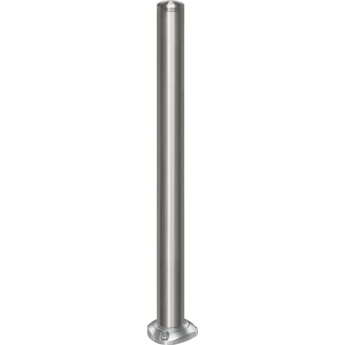 Stainless steel barrier post, with end cap, base plate to bolt in place, Ø 76 mm, self-righting.