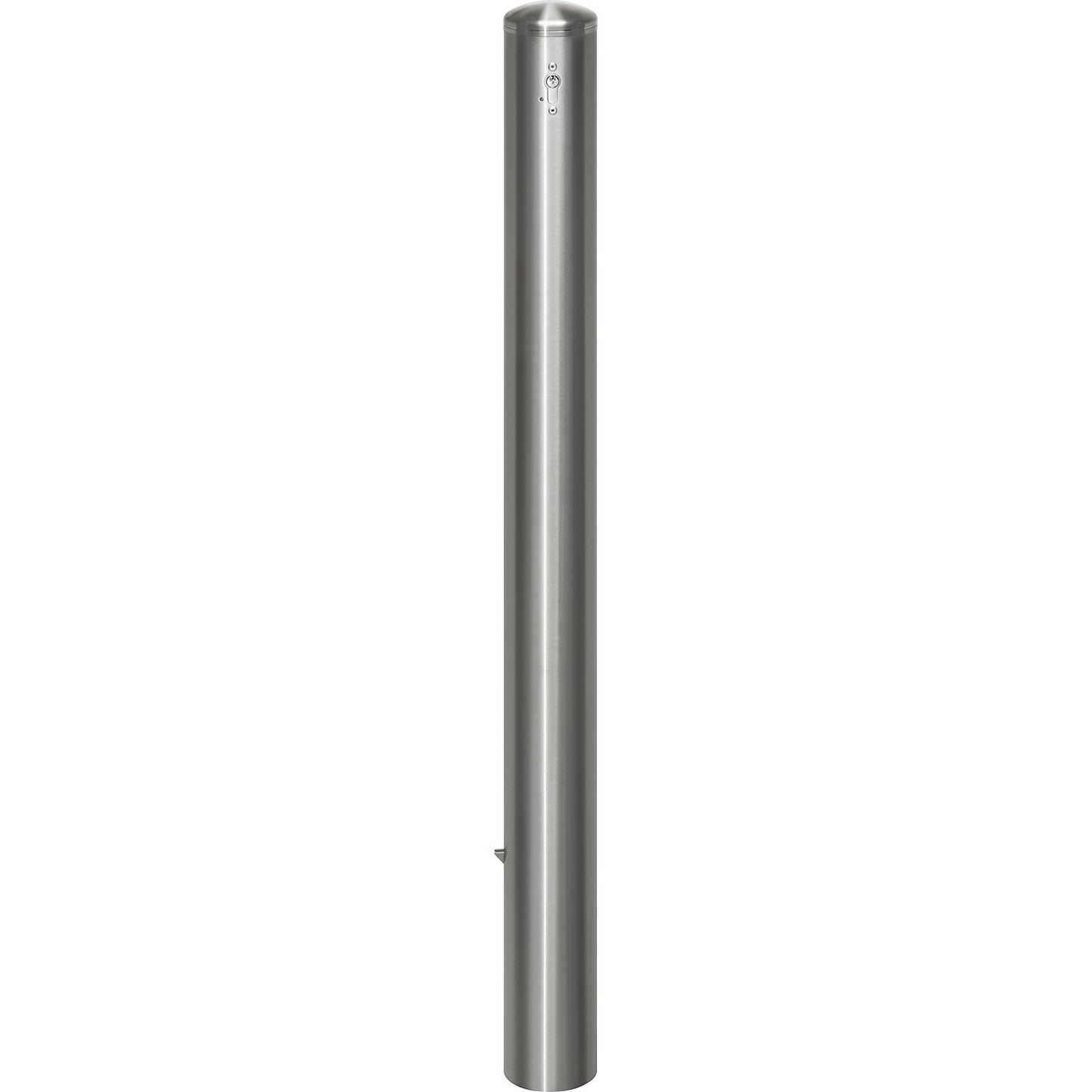Stainless steel barrier post, with end cap, ground sleeve for concreting in, Ø 102 mm, profile cylinder.