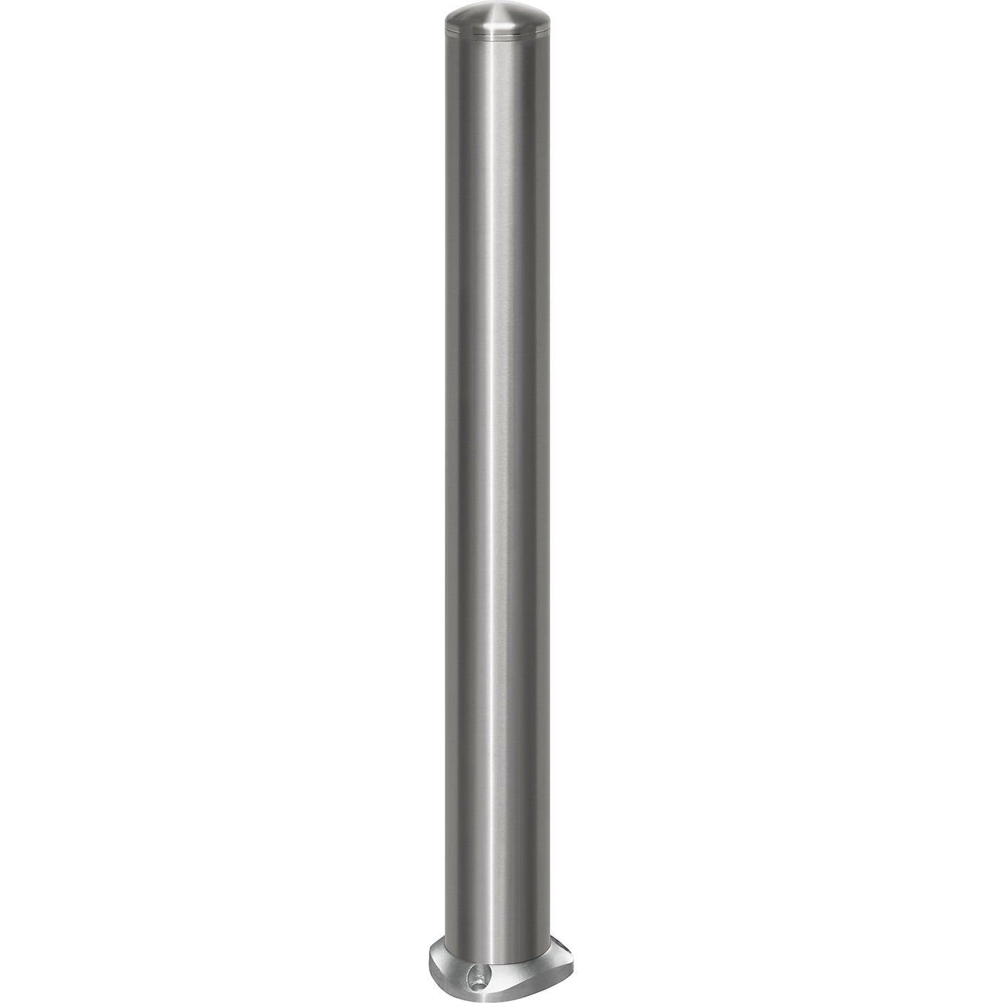 Stainless steel barrier post, with end cap, base plate to bolt in place, Ø 102 mm, self-righting.