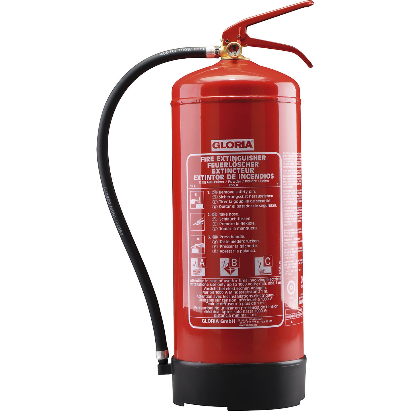 Permanent pressure powder extinguisher, capacity 12 l, fire classes A+B+C.