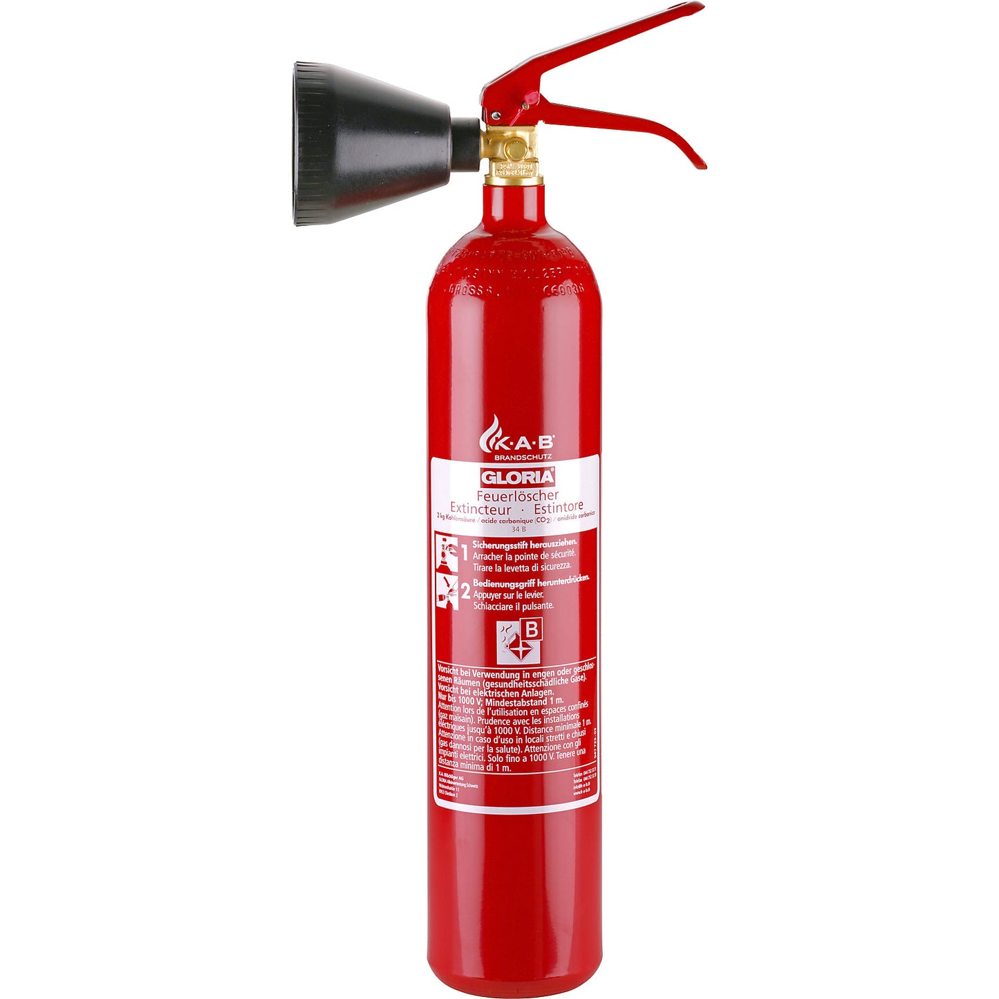 Carbon dioxide CO2 fire extinguisher, contents 2 kg, with hand lever, fire class B.