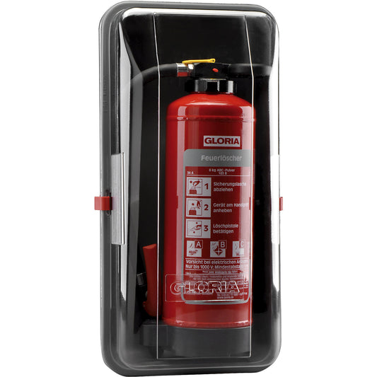 Protective plastic extinguisher cover, HxWxD 620 x 320 x 210 mm, for 6 kg fire extinguishers, crystal clear.