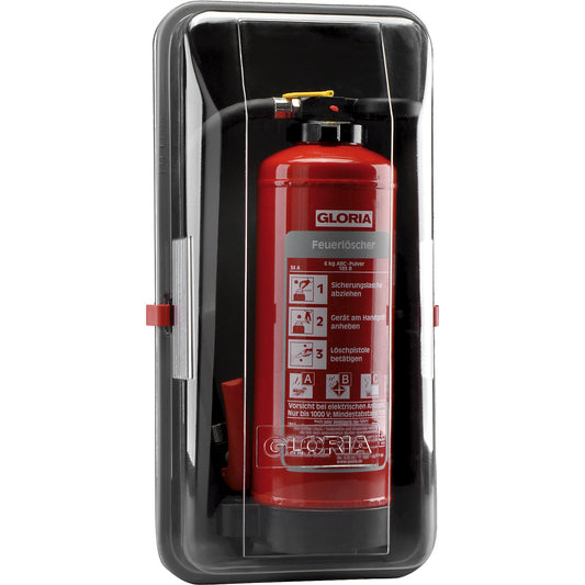 Protective plastic extinguisher cover, HxWxD 670 x 365 x 220 mm, for 6 kg fire extinguishers, crystal clear.