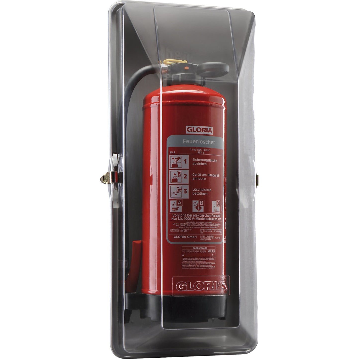 Protective plastic extinguisher cover, HxWxD 800 x 360 x 220 mm, for 12 kg fire extinguishers, crystal clear.