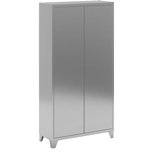 Stainless steel double door cupboard with stud feet, with 4 shelves, HxWxD 1950 x 1000 x 400 mm.