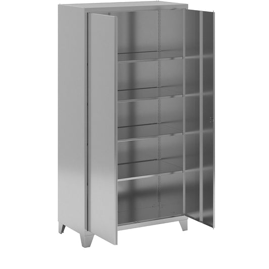 Stainless steel double door cupboard with stud feet, with 4 shelves, HxWxD 1950 x 1000 x 500 mm.