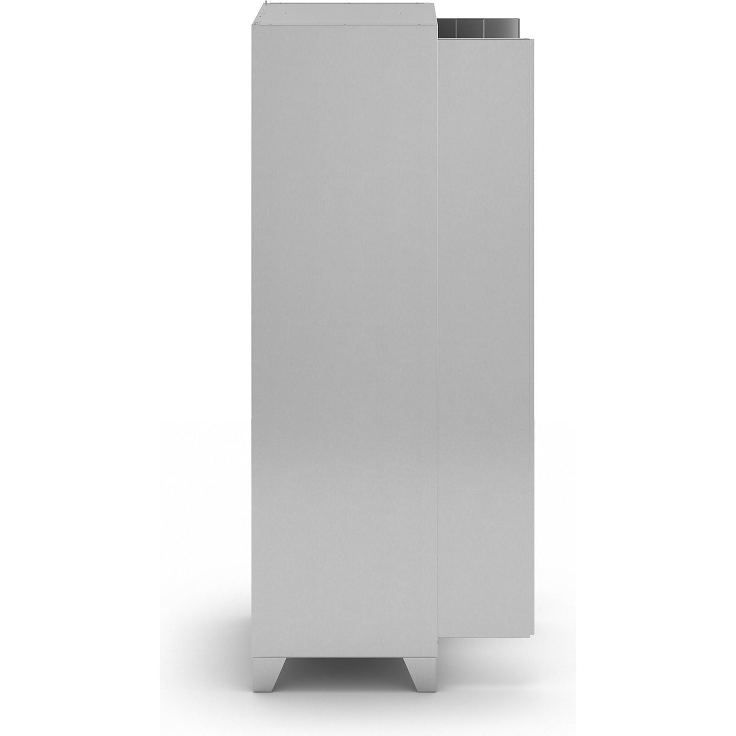 Stainless steel locker for cleaning products, 4 compartments, 2 tool hooks, with feet.