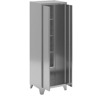Stainless steel locker for cleaning products, 4 compartments, 2 tool hooks, with feet.