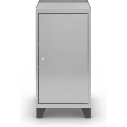 Stainless steel tool cupboard with stud feet, with 2 shelves, 1 x 70 mm drawer, HxWxD 1000 x 500 x 500 mm.