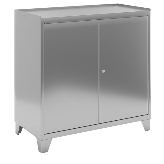 Stainless steel tool cupboard with stud feet, with 2 shelves, 2 x 70 mm drawers, HxWxD 1000 x 1000 x 500 mm.