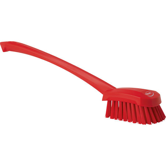 Long handled washing brush, hard, pack of 10, red.