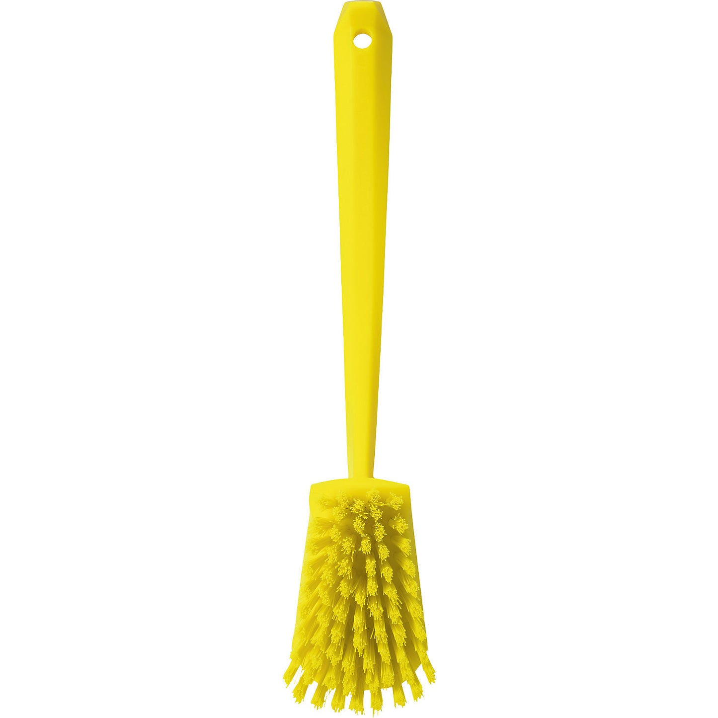 Long handled washing brush, hard, pack of 10, yellow.
