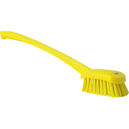 Long handled washing brush, hard, pack of 10, yellow.