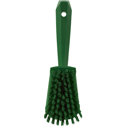 Short handled hand brush, hard, pack of 10, green.
