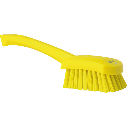 Short handled hand brush, hard, pack of 10, yellow.
