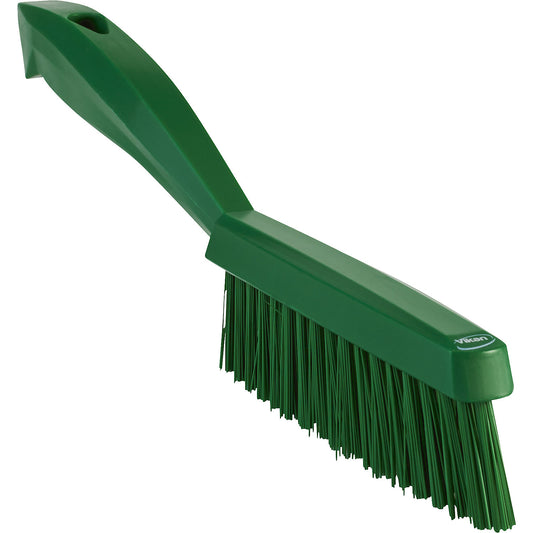Short handled hand brush, extra hard, narrow, pack of 10, green.