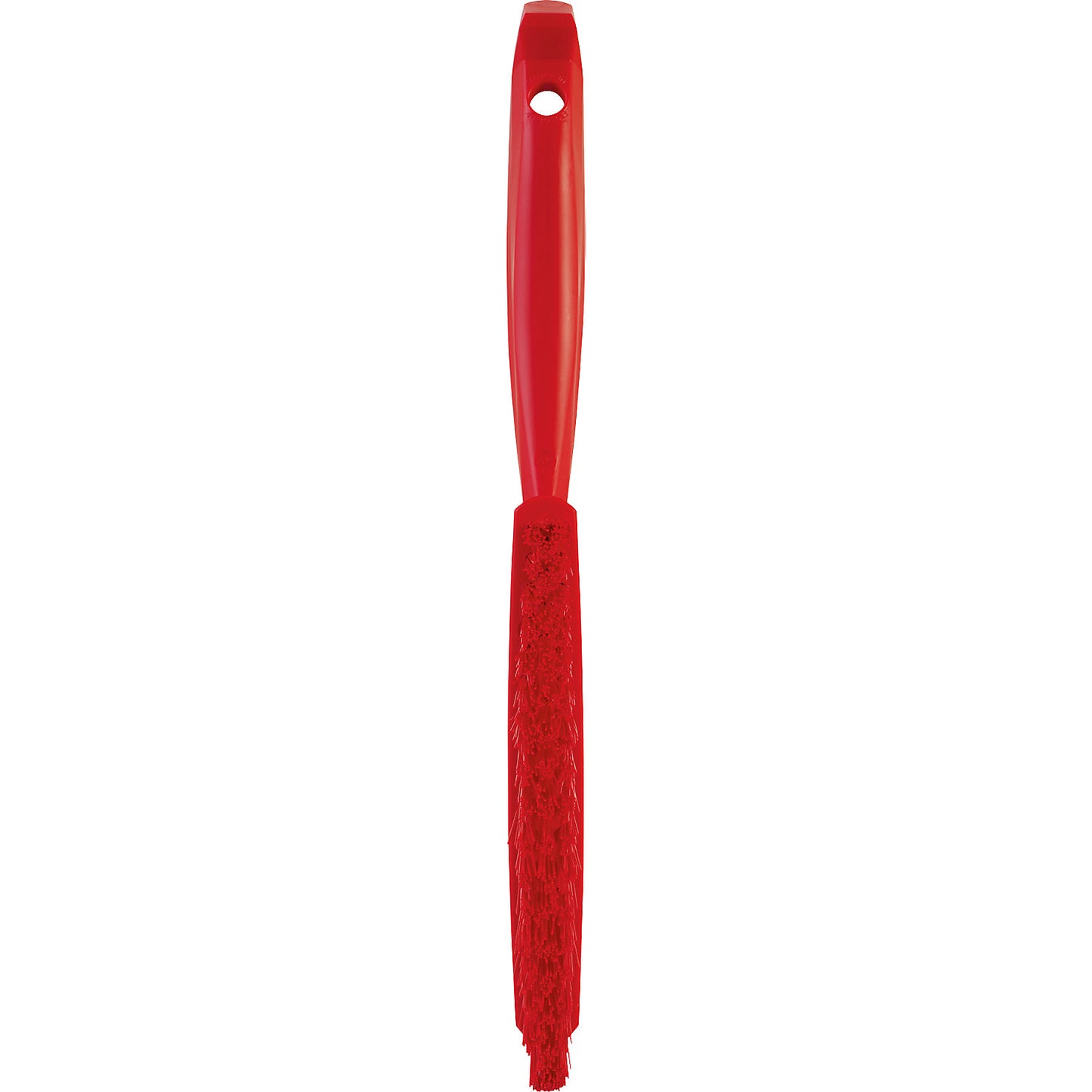 Short handled hand brush, extra hard, narrow, pack of 10, red.