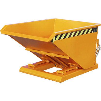 Tilting skip, extremely low overall height, without wheels, capacity 0.3 m³, yellow orange.