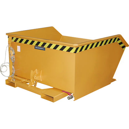 Tilting skip for shavings, low overall height (E), capacity 0.75 m³, yellow orange.