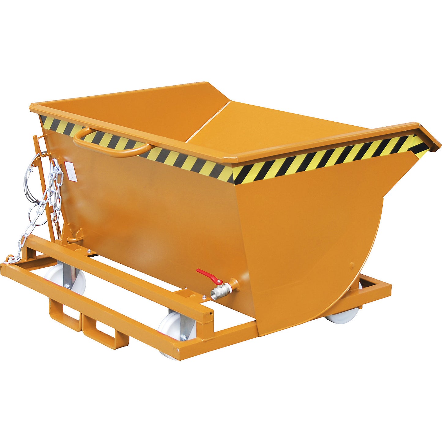Tilting skip for metal swarf, with nylon wheels, capacity 0.5 m³, yellow orange.