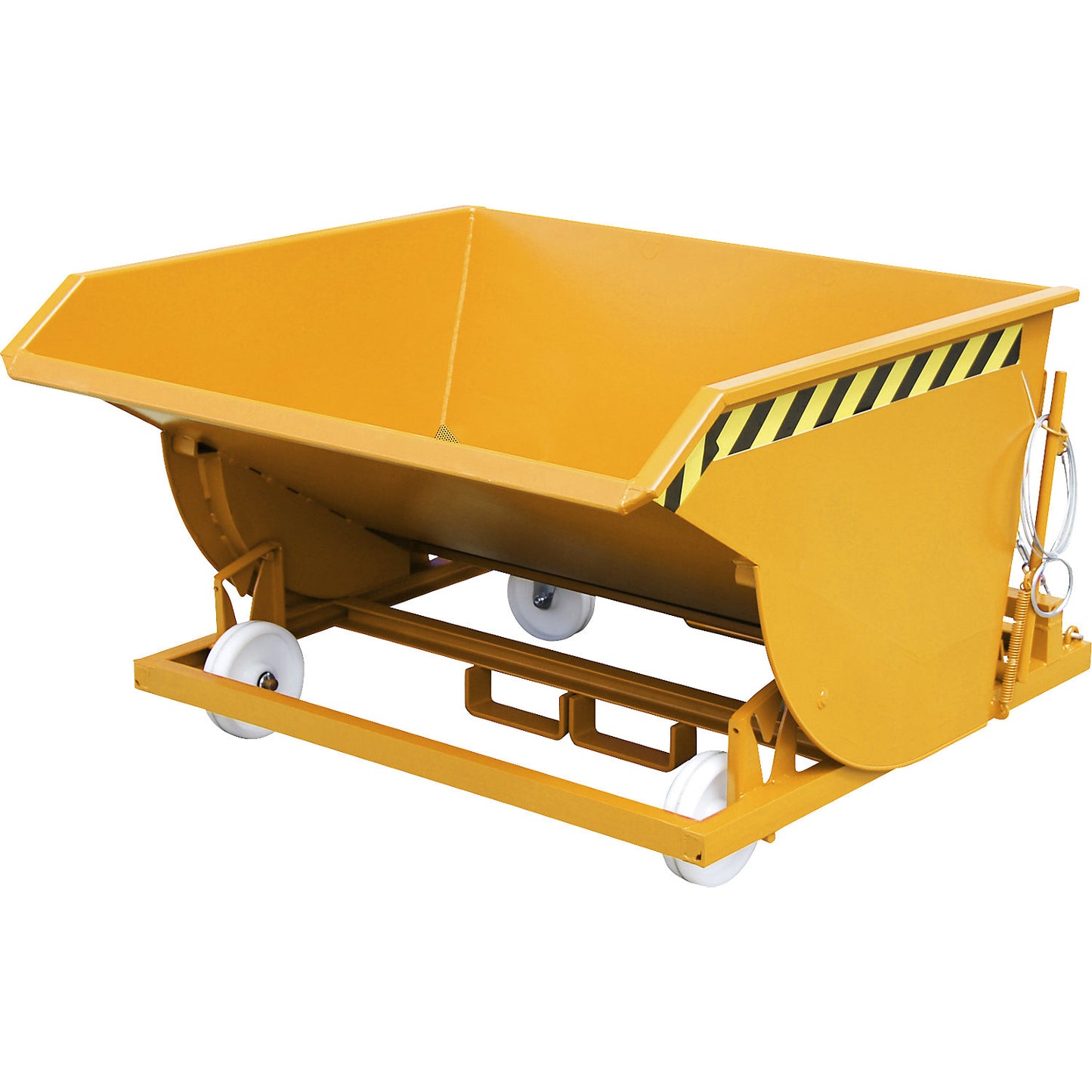 Tilting skip for metal swarf, with nylon wheels, capacity 0.75 m³, yellow orange.