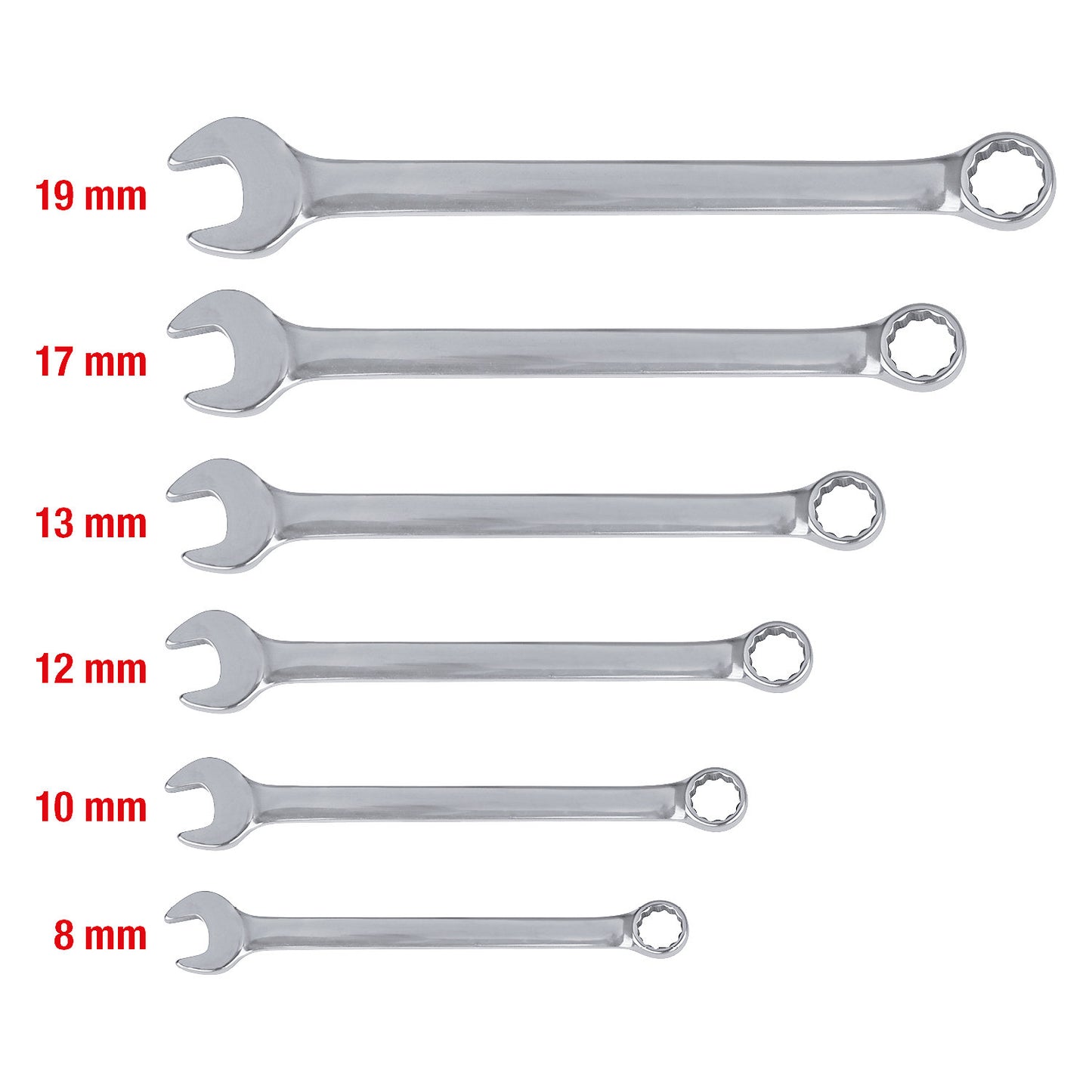 Stainless steel combination spanner set, 15° fork position, 6 parts.