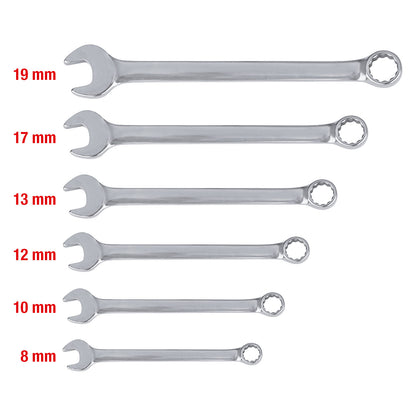 Stainless steel combination spanner set, 15° fork position, 6 parts.